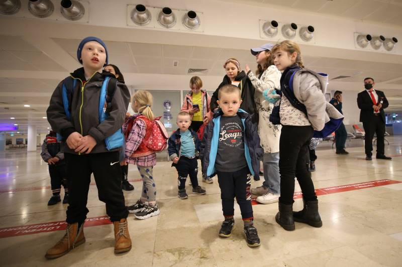 Some of the children evacuated from Ukraine at an airport, Antalya